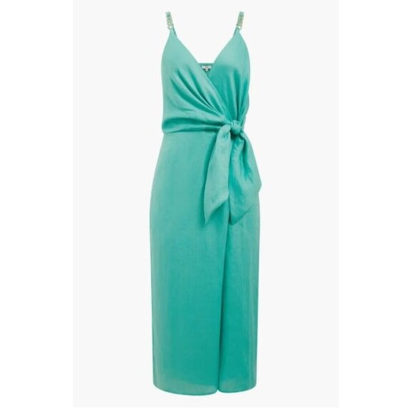 Reiss Esme Dress Size 2 Aqua Green Faux Wrap Linen Chain Strap Surplice Bodice - Picture 2 of 13